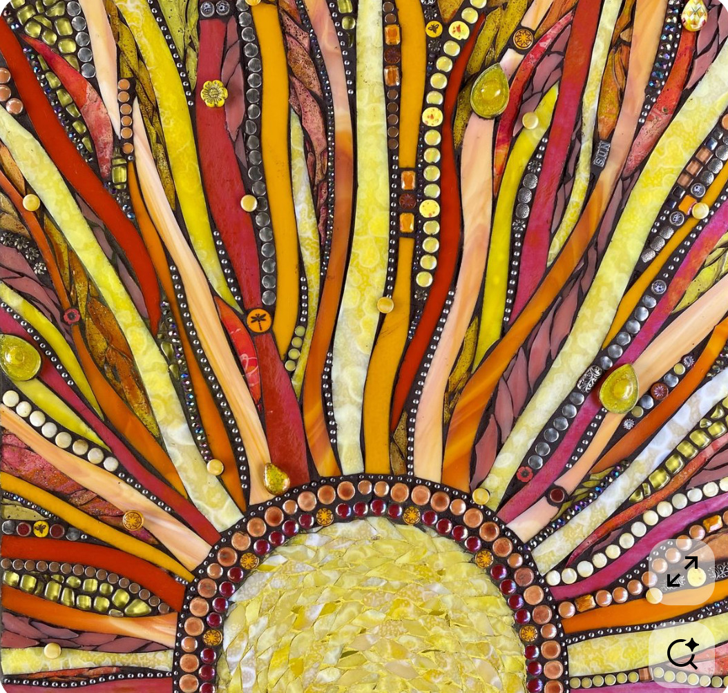 Abstract painting of a yellow sun with colorful textured rays spreading outward