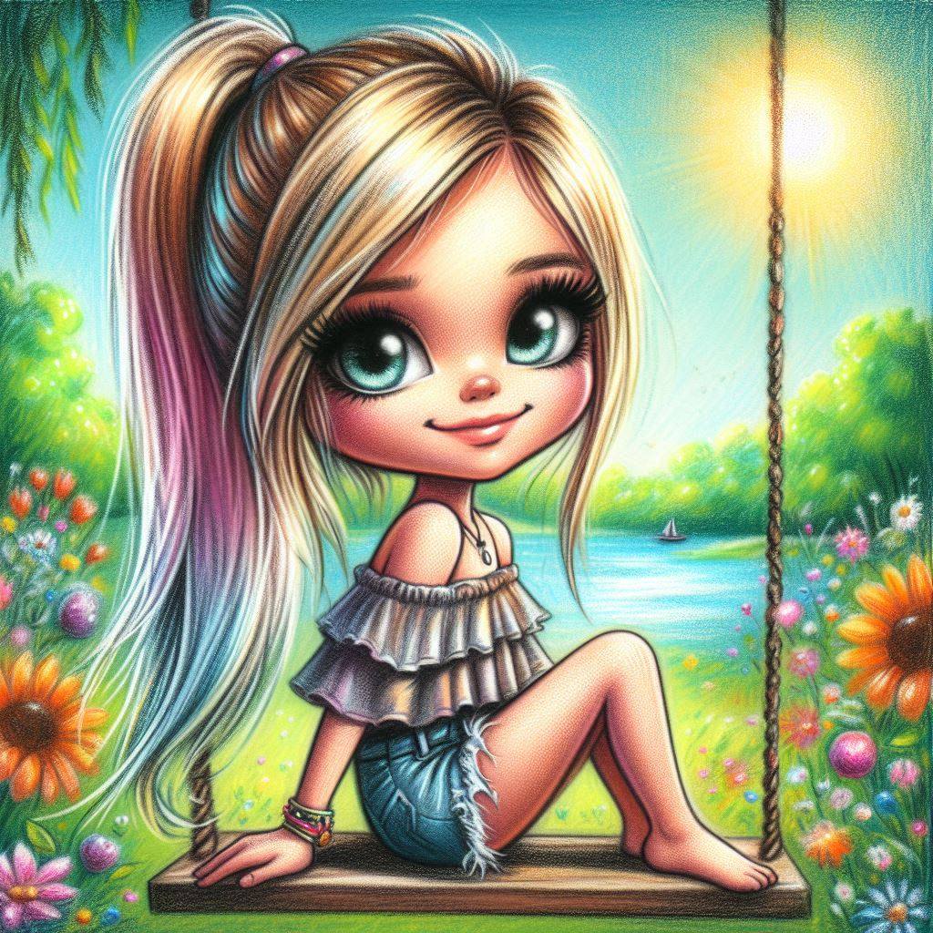 Cartoon girl with big eyes sitting on swing in tropical garden with flowers and palm trees