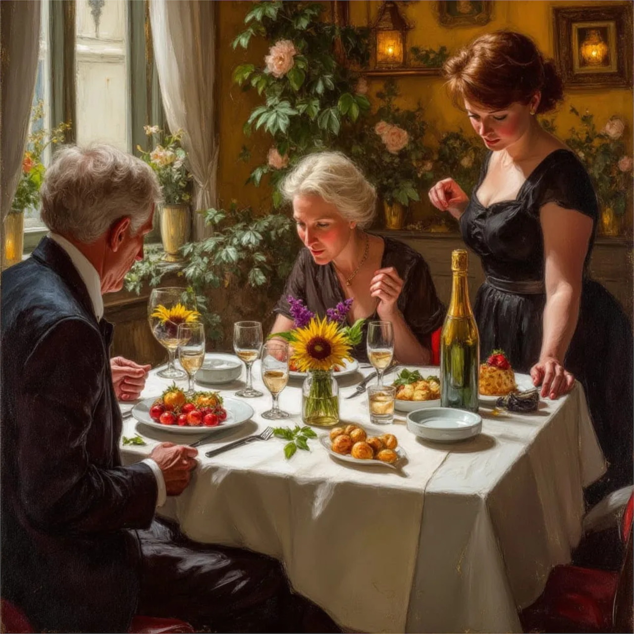 Painting of couple dining at elegant restaurant table with server, flowers, and candlelight