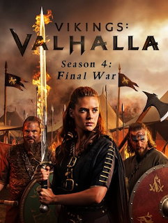 Three Viking warriors in armor holding swords and shields in a dramatic fiery battle poster