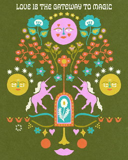 Folk art illustration with unicorns, sun faces, flowers, birds, and decorative tree on green background