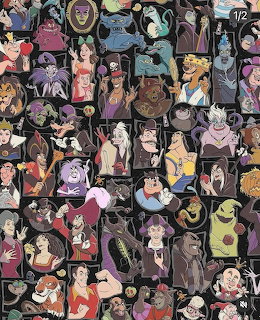 Dense collage of Disney villain characters in cartoon style with dark background