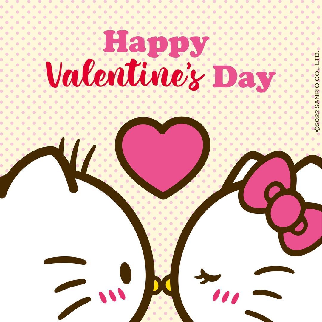 Hello Kitty and Daniel character faces with pink heart between them and Happy Valentine's Day text above