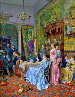 Victorian parlor scene with musicians performing chamber music for elegantly dressed ladies in ornate interior
