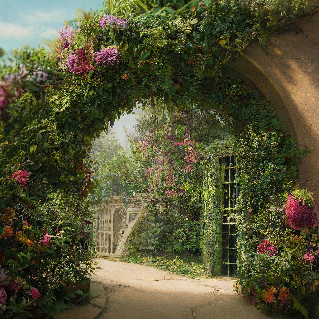Garden path under a vine-covered stone arch with pink flowers