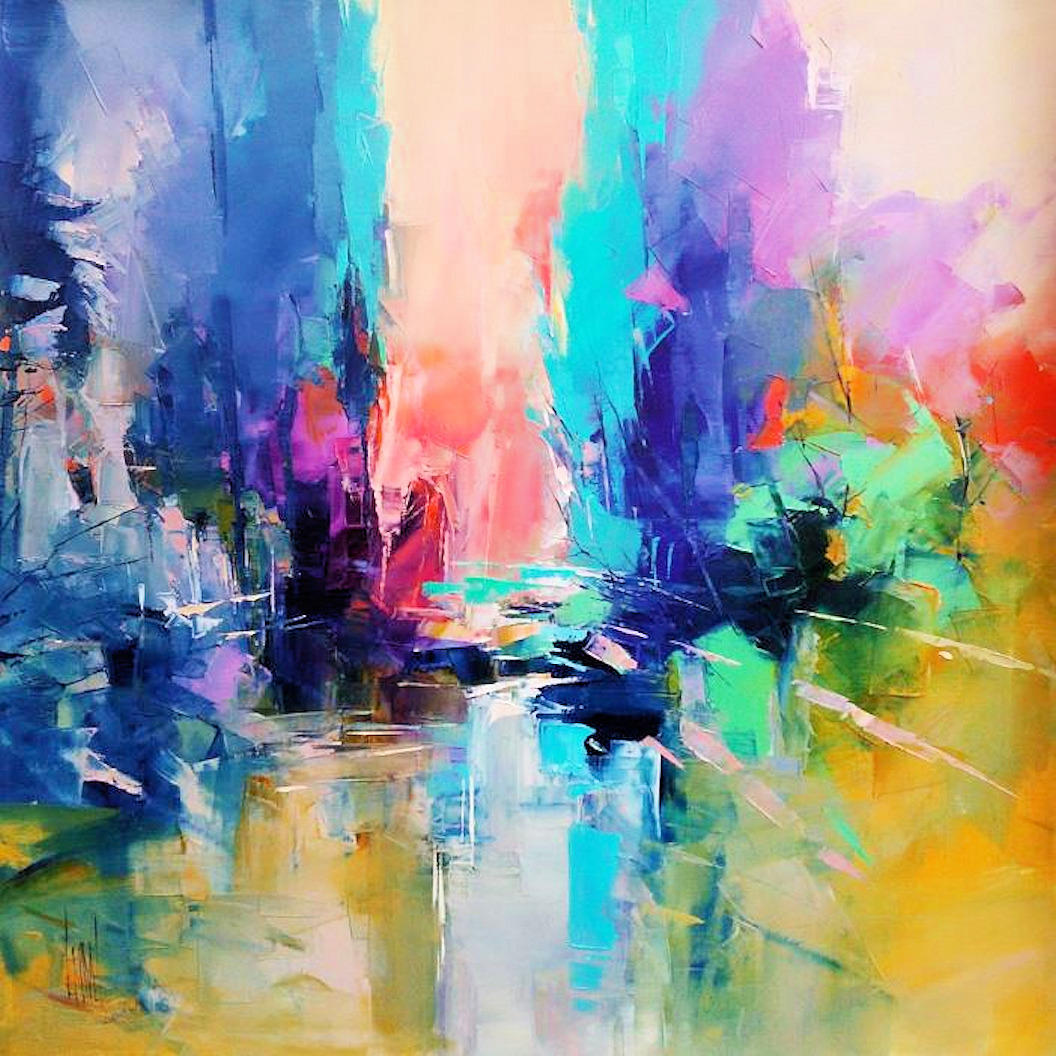 Abstract colorful painting of lake with vibrant reflections in blue, purple, yellow and pink tones