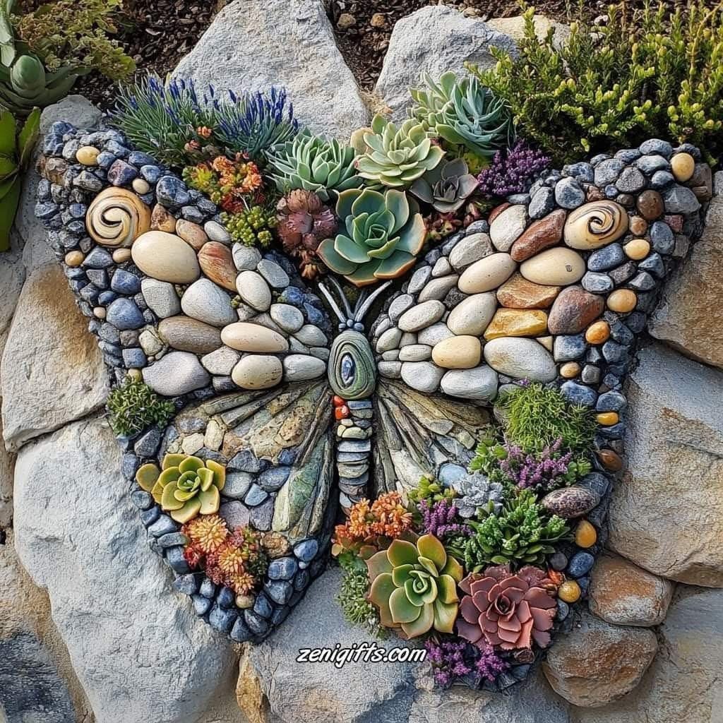 Butterfly mosaic made of stones and succulents on a rock wall