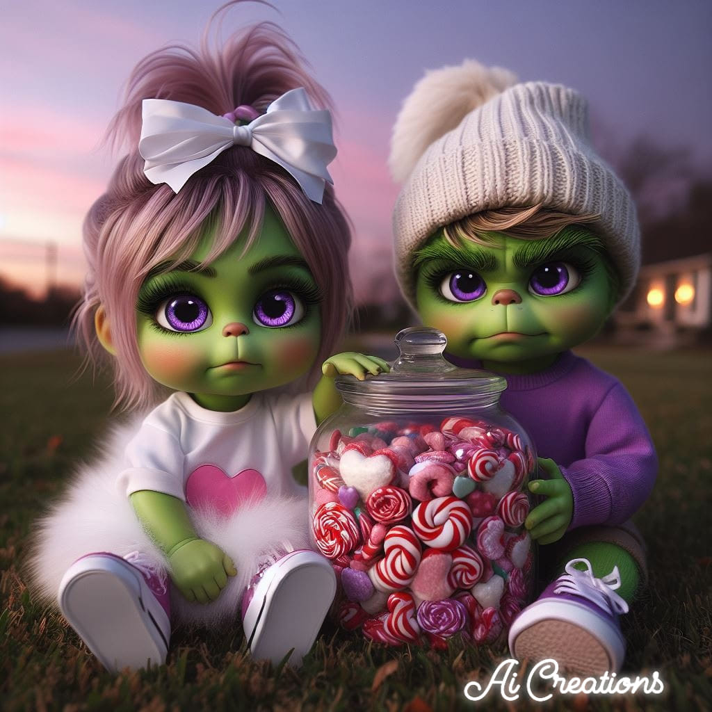 Two green doll-like children sitting on grass with a jar of pink peppermint candies at dusk