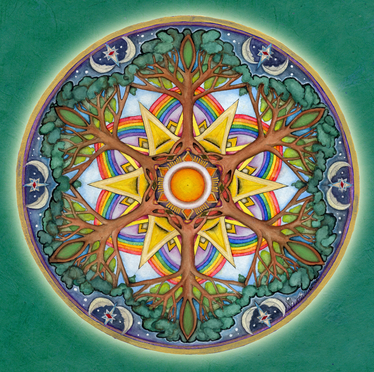 Symmetrical mandala with tree of life motif, rainbow colors, and decorative border on teal green background