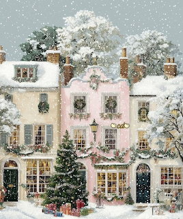 Snow-covered village street with pastel houses decorated for Christmas with wreaths, trees, and gifts