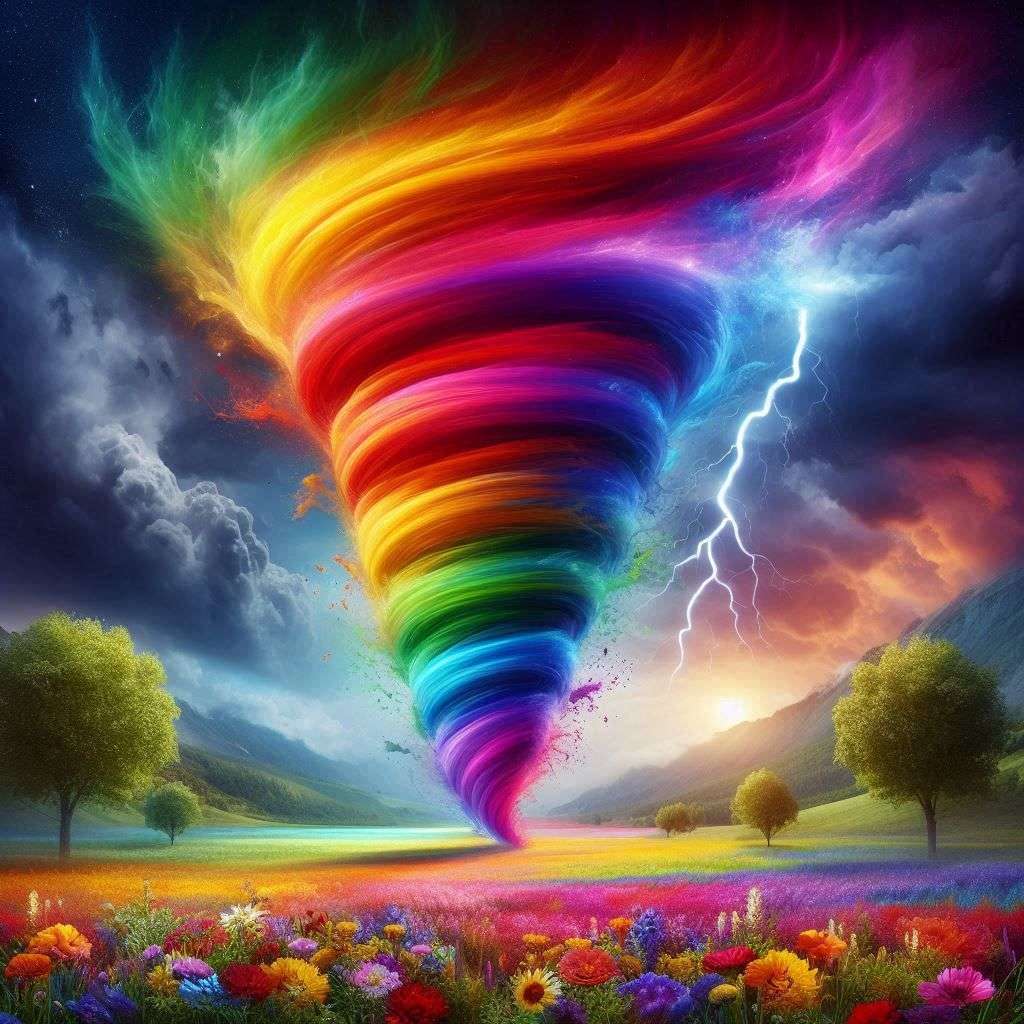 Colorful rainbow tornado over a flower meadow with storm clouds and lightning