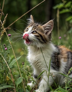 Tabby kitten with white markings sitting in grass with purple wildflowers, looking up with open mouth