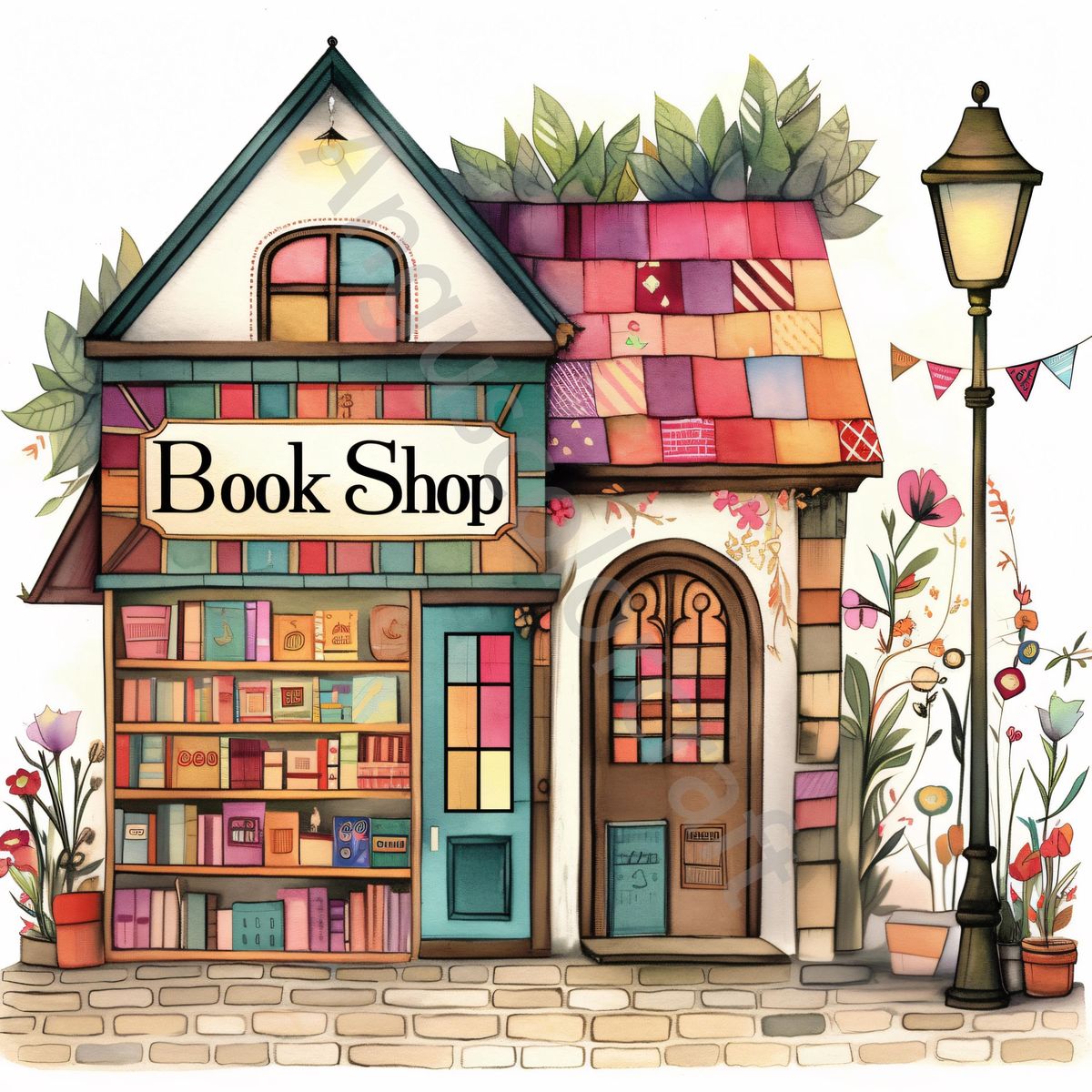 Illustrated book shop storefront with colorful shelves, flowers, and a street lamp