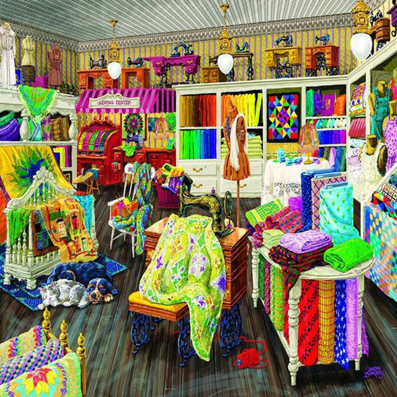 Bright sewing store with rainbow quilts, fabric bolts, and craft supplies filling shelves and tables