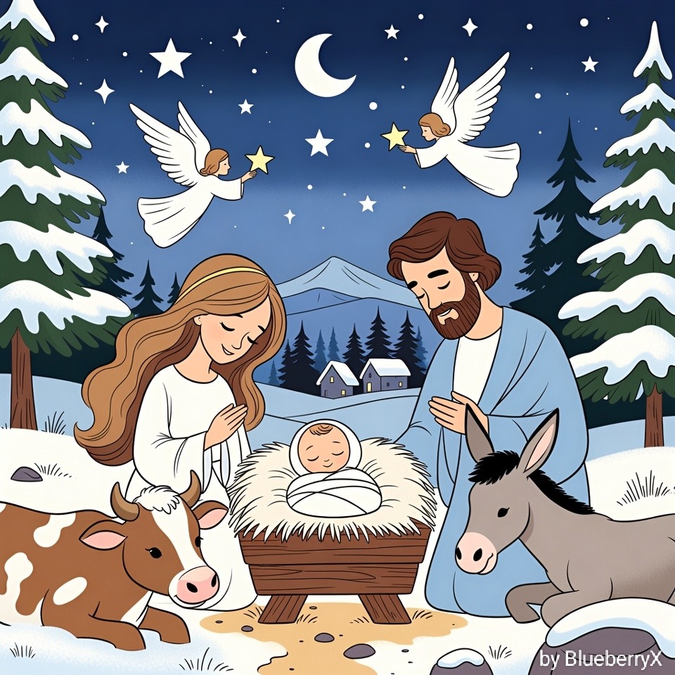 Nativity scene with Mary, Joseph, baby Jesus, angels, donkey and deer under moonlit sky with snow and evergreen trees