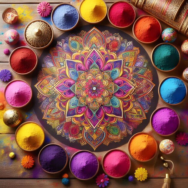 Colorful mandala drawing centered among small clay pots filled with bright paints arranged in a circle on wood
