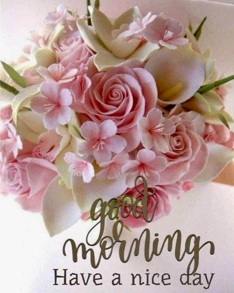 Pink roses and white calla lilies bouquet with 'Good Morning Have a nice day' text overlay