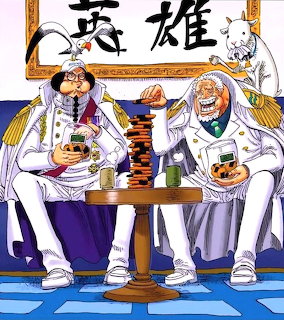 Two ONE PIECE anime characters in white naval uniforms seated at table with food