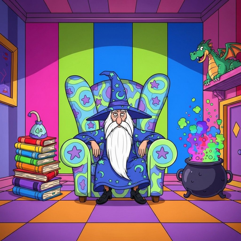 Cartoon wizard with long white beard sitting in a chair beside books, a bubbling cauldron, and a small dragon