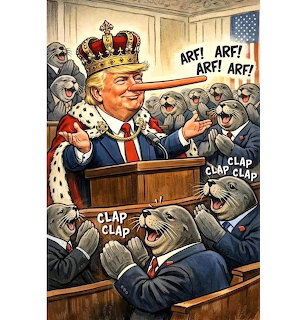 Political satire cartoon with crowned speaker at podium and animal audience clapping
