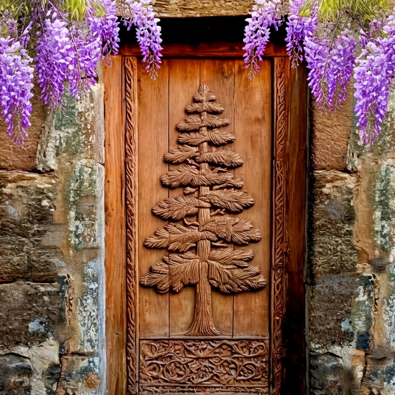 Carved Wooden Door with Wisteria