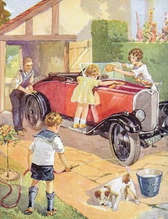 Family Washing Vintage Automobile