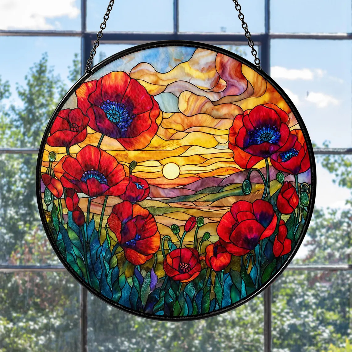 Circular stained glass suncatcher showing red poppies and a sunset landscape hanging in a window