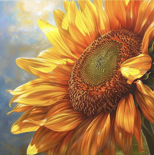 Close-up painting of a bright yellow sunflower with orange accents against a blue sky