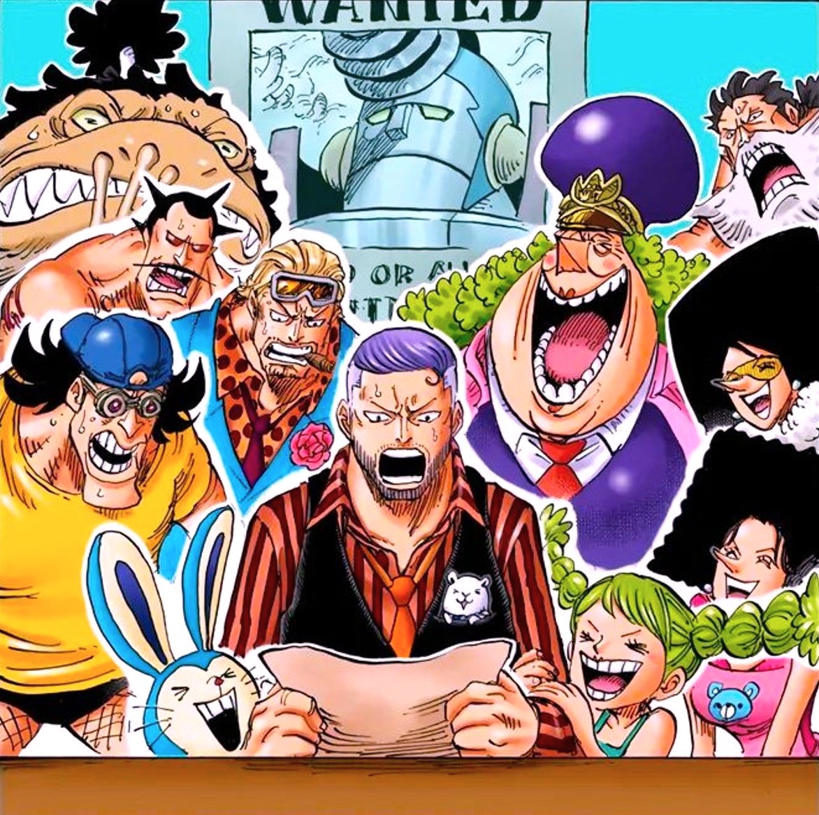 Vibrant anime illustration showing a group of ONE PIECE characters with exaggerated expressions and a wanted poster