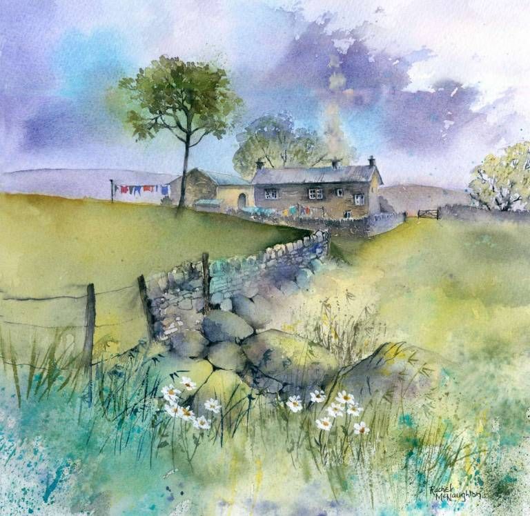 Watercolor painting showing rural cottage with stone path through green fields and purple cloudy sky