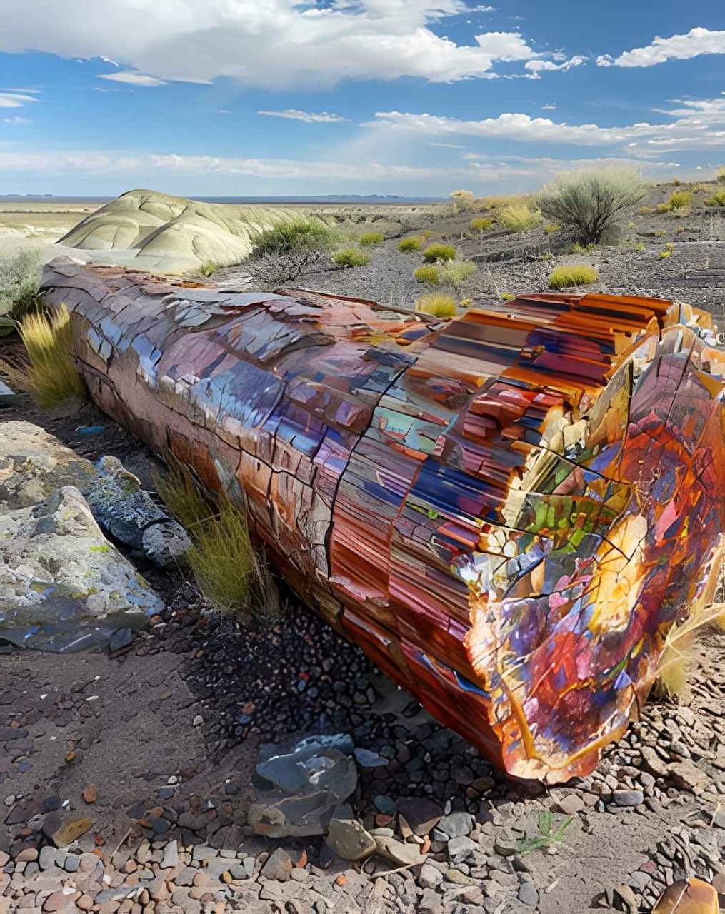 Large multicolored petrified wood log in a baren desert landscape with blue sky