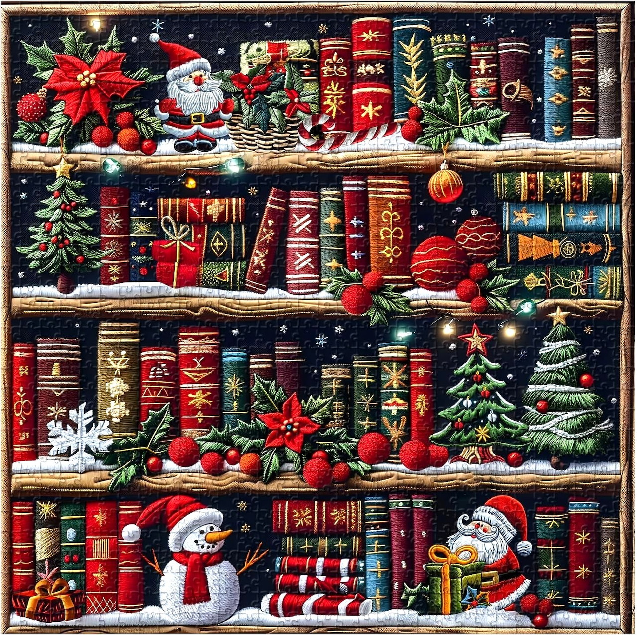 Decorative bookshelf with Christmas ornaments, small trees, Santa figures, red poinsettias, and festive books on shelves