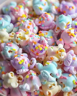 Bowl of pastel candy-coated popcorn with colorful sprinkles in pink, purple, blue and white