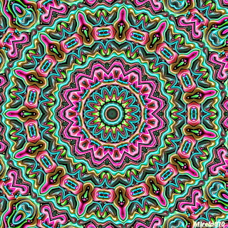 Intricate colorful mandala with concentric symmetrical patterns in pink, teal, green, and brown