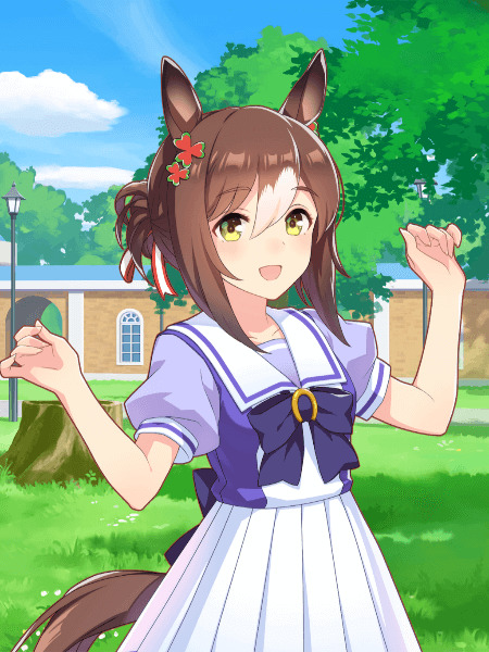 Anime horse girl Fine Motion with brown hair and ears in a blue sailor uniform outdoors