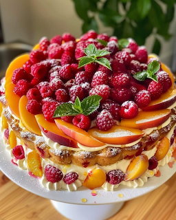 Layer cake topped with raspberries, peach slices, and mint leaves dusted with powdered sugar