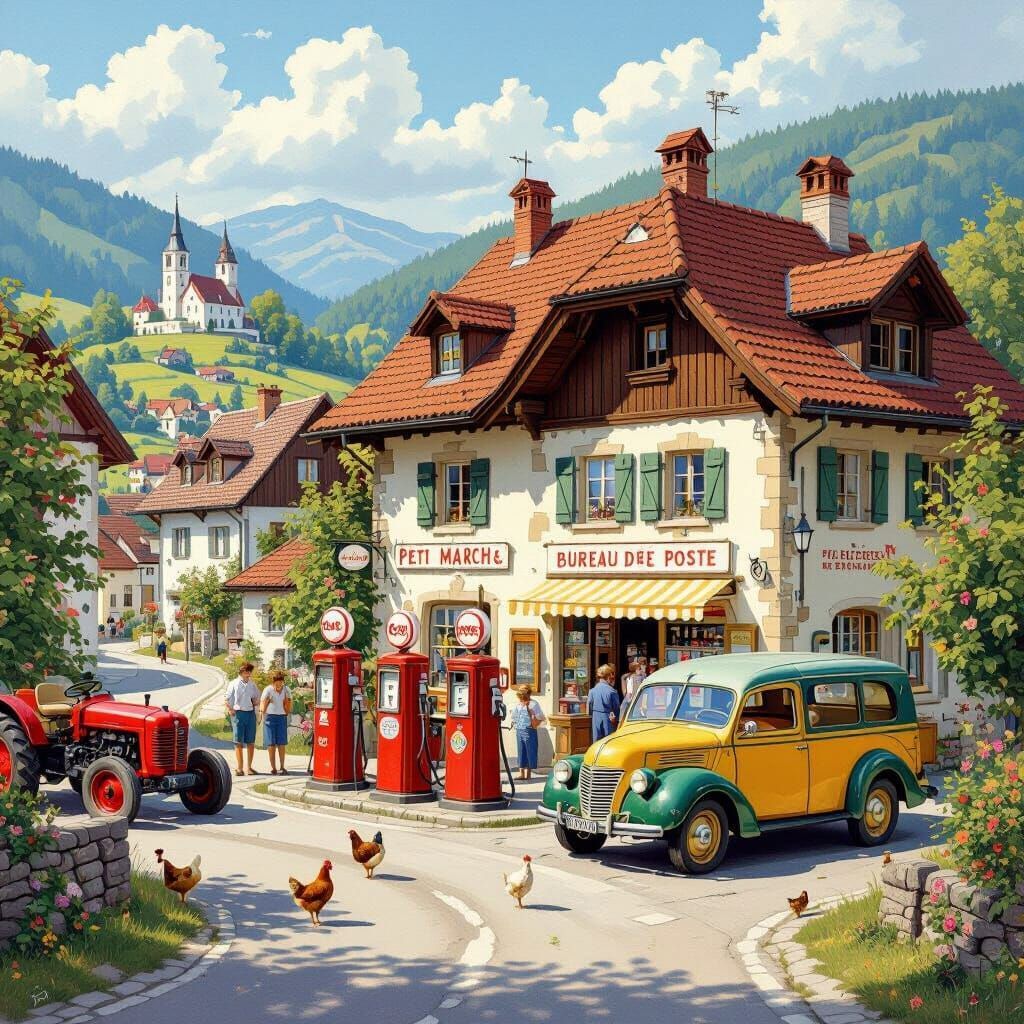 Idyllic Alpine village with vintage car at gas station, traditional chalet buildings and mountain backdrop