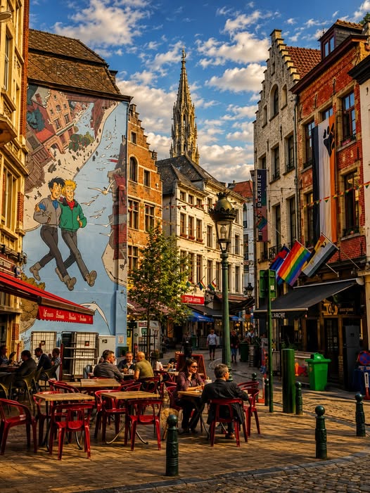 Brussels street with large Tintin comic mural, outdoor cafe tables, pedestrians, and Gothic church spire in background