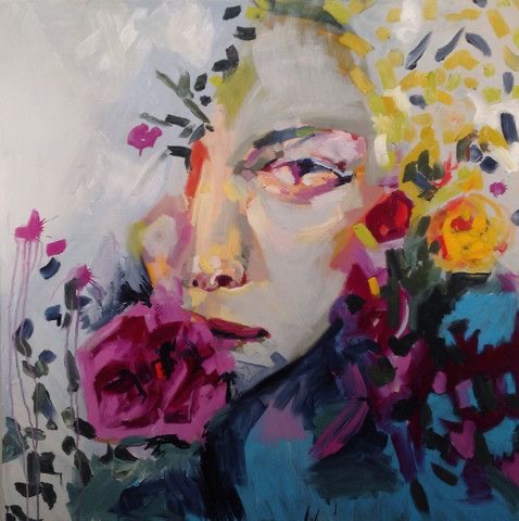 Colorful painted portrait of woman with flowers in pink, yellow and purple tones