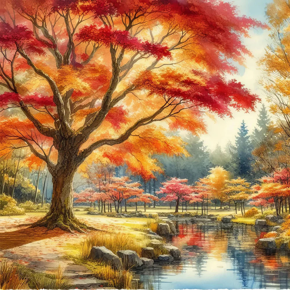 Painted autumn landscape with red-orange tree by stream under golden sky