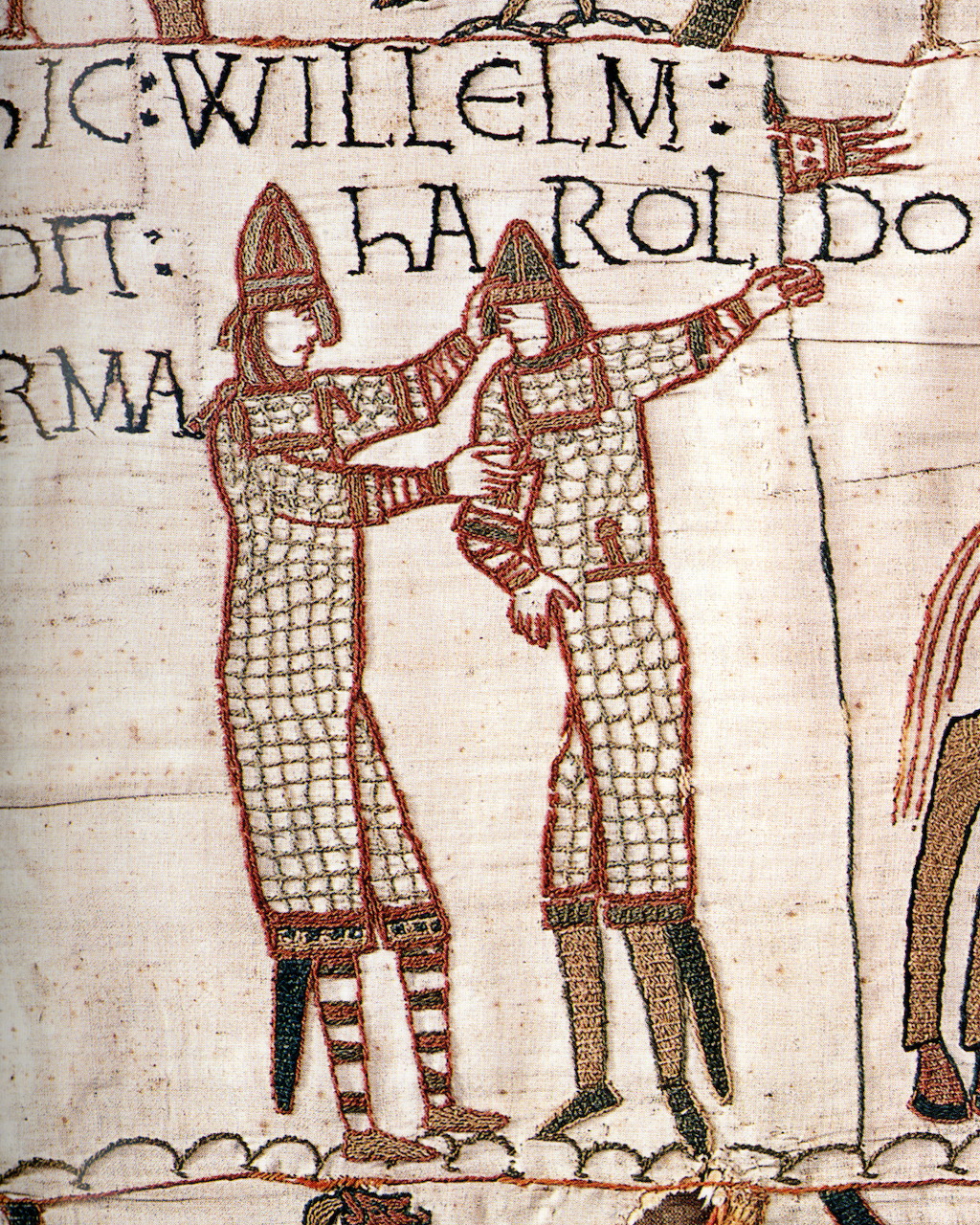 Bayeux Tapestry detail showing two medieval figures in chain mail labeled Willem and Harold