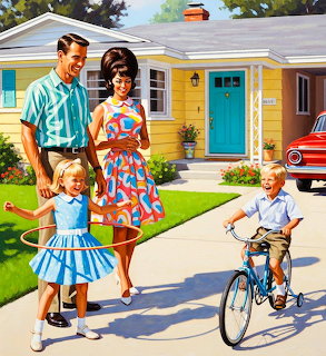 Retro family in 1950s attire standing on driveway of yellow house with children playing