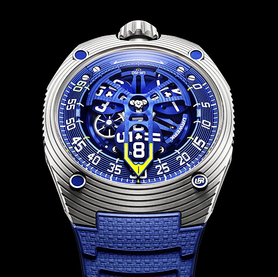 Blue and silver Urwerk UR-150 Blue Scorpion wristwatch on a black background