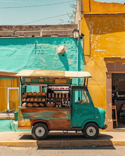 Turquoise food truck with yellow accents parked beside a yellow building under a bright blue sky