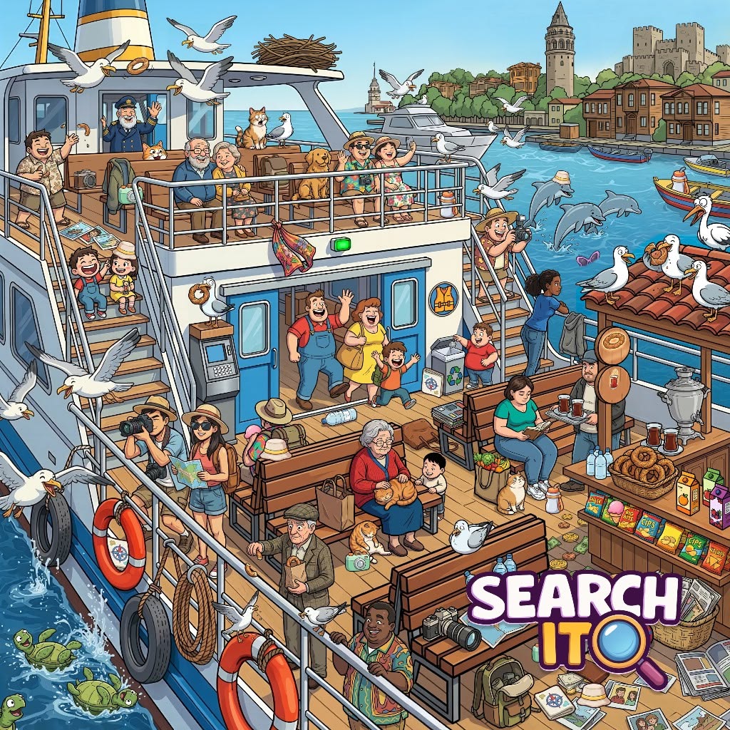 Crowded cartoon boat deck with many people, seagulls flying, and waterfront buildings in background