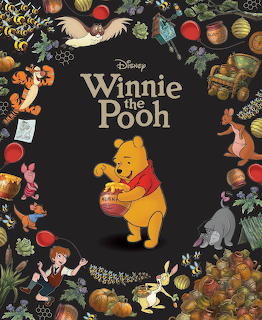 Winnie the Pooh with honey pot surrounded by Tigger, Piglet, Eeyore in illustrated frame with produce