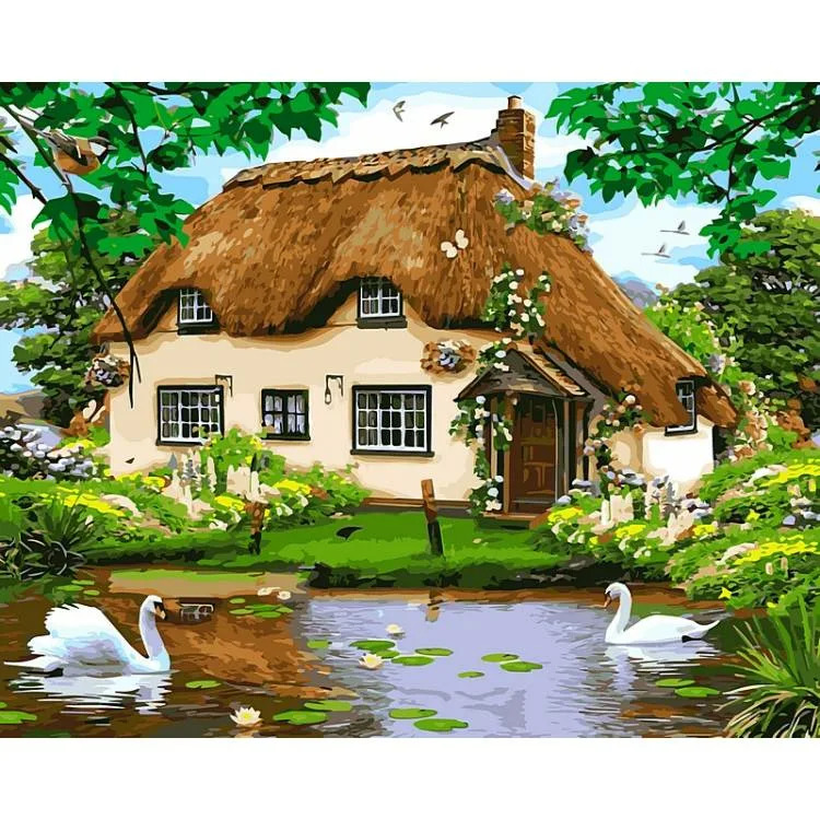 Thatched cottage by a pond with white swans, flowers, and trees