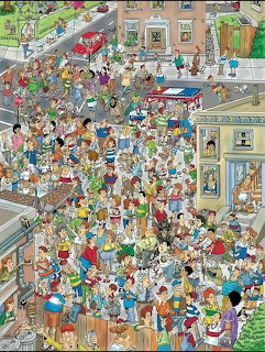 Busy cartoon illustration showing a crowded party with many characters, food, and decorations in a multi-level indoor space