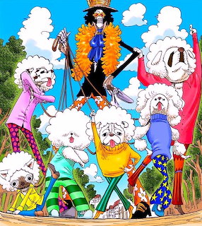 Colorful ONE PIECE anime characters posing with white fluffy creatures in outdoor setting