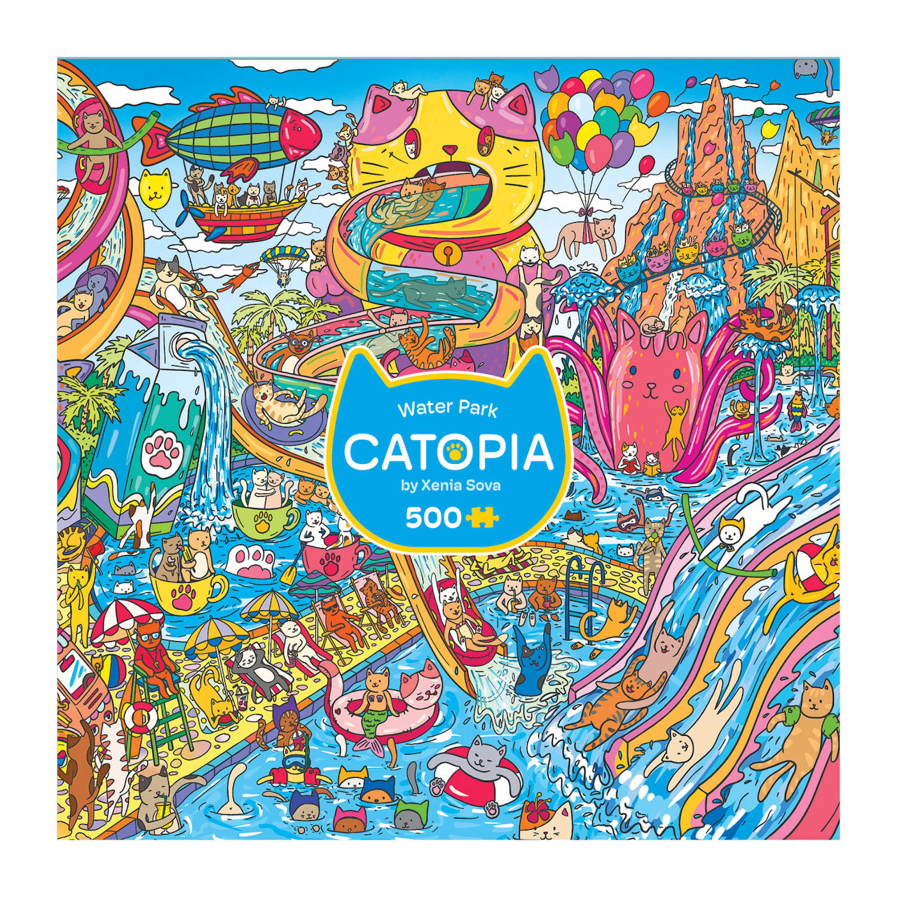 Colorful cartoon water park poster with winding slides, pools, cats, balloons, and many playful details
